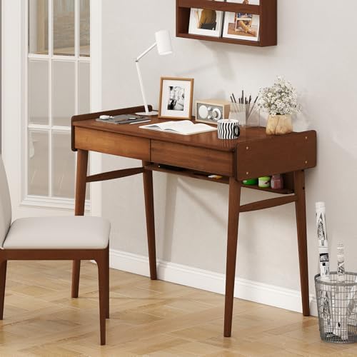 GIANTEX Mid Century Modern Desk, 39.5" Bamboo Computer Desk with 2 Drawers and Open Storage Shelf, Makeup Vanity Table, Wood Computer Workstation, Vintage Writing Desk for Bedroom, Walnut