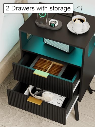 Leomonio Nightstand with Charging Station and LED Lights, Modern Bedside Table with 2 Storage Drawer and Open Wood Shelf for Bedroom and Small Spaces, Night Stand with Solid Wood Legs