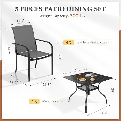 SUNCROWN 5-Piece Outdoor Dining Set, Patio Furniture Set with 4 x Textilene Dinning Chairs and 1 Steel Slat Metal Bistro Table for Garden Deck Lawn Backyard, Grey