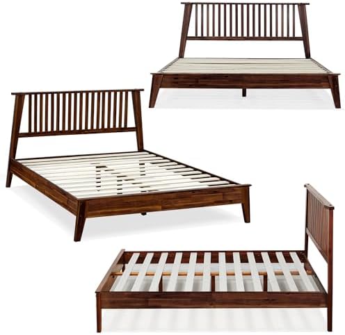 Acacia Kaylin Bed Frame with Headboard Solid Wood Platform Bed, King Bed Frame, Themed Headboard Wood Bed Compatible with All Mattress Types, No Box Spring Needed, Quick & Easy Assembly, Chocolate.