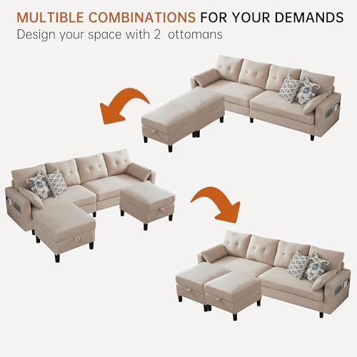 Sectional U Shape Sofa with Storage, 100" U Shaped 4 Seater Couch with 2 Movable Ottoman Chaises Polyester Fibre for Living Room, Beige