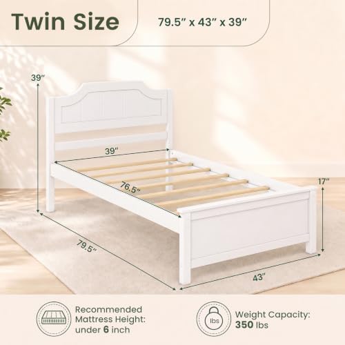 KOMFOTT Twin Size Bed Frame with Headboard, Wood Platform Bed (White)