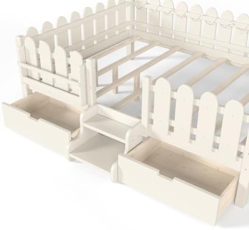 Bellemave Queen Size Platform Bed with Storage Drawers & Bookshelf for Boys Girls, Kids Queen Bed Frame with LED Lights & Stairs for Children's Room, Beige