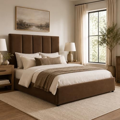 VELOCAVA Queen Size Storage Bed Frame with 4 Drawers, Upholstered Platform Bed with Under Bed Storage, Vertical Channel Headboard, Wood Slat Support, No Box Spring Needed, Warm Brown