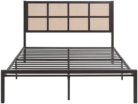 Lexicon Metal Bed Frame with Rattan Headboard, Platform Bed with Strong Metal Slat Support Under Bed Storage, Boho Faux Cane Bed, Mattress Foundation No Box Spring Needed, Full Bed, Dark Bronze