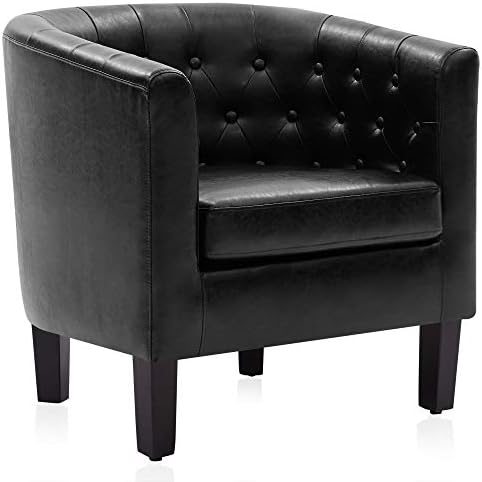 BELLEZE Black Accent Chairs for Living Room, Elegant Arm Chair Upholstered Tufted Barrel Chair Club Chair for Bedroom with Sturdy Legs and Faux Leather - Berlinda (Black)