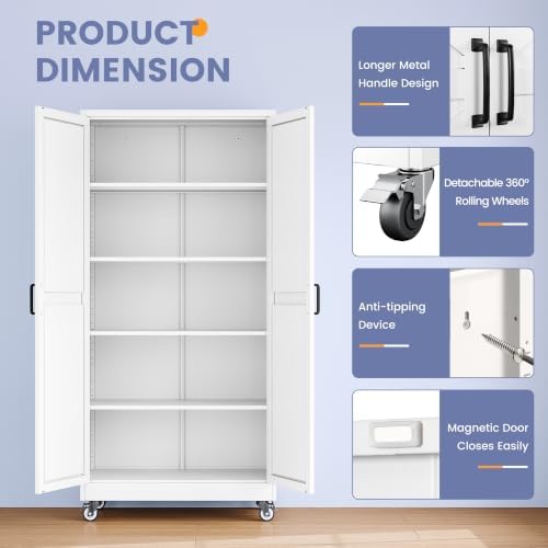 71"Metal Storage Cabinet with Wheels,Garage Cabinets,Pantry Cabinet