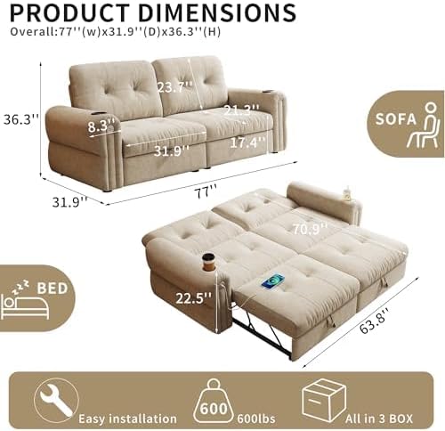 Convertible Couches, Queen Size Pull Out Sofa Bed with USB Charging Port and Cup Holders, Plannelette Fabric Convertible Sofa Bed for Small Space, Living Room, Apartment, Guest Room, Beige