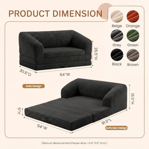 Convertible Boneless Loveseat Sleeper Sofa Bed, Folding Oversized Bean Bag Couch Bed, Comfy Sofa Chairs for Adults with Filling, 54'' Futon Couch Bed, Black