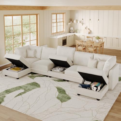 LLappuil Modular Sectional Sofa with Storage, U-Shaped 7-Seat Corduroy Couch with 7 Throw Pillows, Pet-Friendly Convertible Sofa for Living Room & Apartment, Skin-Friendly, Beige