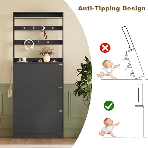 Tall Shoe Storage Cabinet with 3 Flip Drawer & Coat Rack, Black