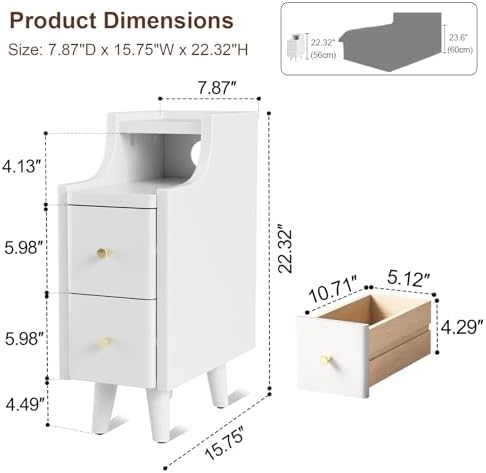 Narrow Nightstand with 2 Drawers,Solid Wood Bedside Table,White Nightstand