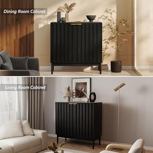Fluted Buffet Cabinet with Storage, Small Accent Cabinet, Black