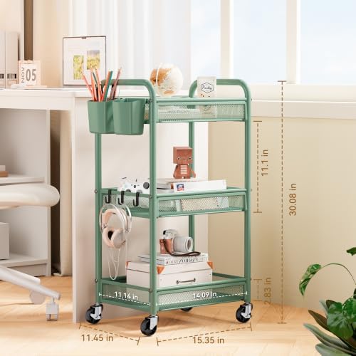 YASONIC 3 Tier Metal Rolling Cart, Green Utility Storage Cart with Wheels