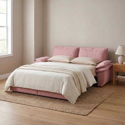 73.2" Sofa Bed Queen, 3-in-1 Pull Out Sofa Bed with Pillow Armrest, Modern Velvet Convertible Sleeper Futon Sofa for Living Room Small Space, Apartment, Bedroom, Pink