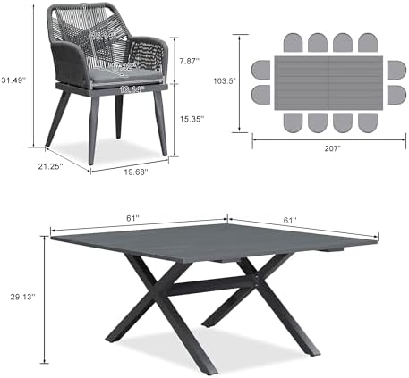 PURPLE LEAF Patio Table and Chairs Set 14 Pieces Woven Rattan Aluminum Grey