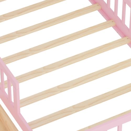 Bellemave Kids Twin Platform Bed with 2 Drawers & Storage Headboard, Kids Twin Bed Frame with 3-Side Guardrails for Girls Boys, Pink