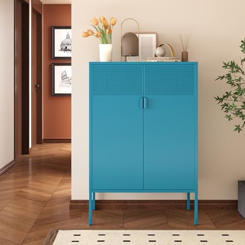 Ustamio Blue Metal Storage Cabinet - 3 Tier Steel Office Storage Cabinet with Doors and Shelves for Home, Office and Kitchen