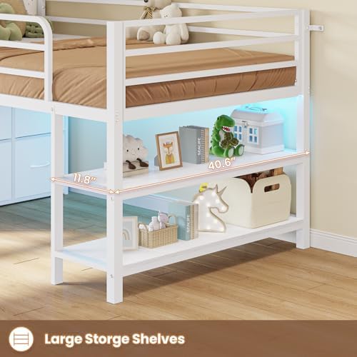 Low Loft Bed Twin Size with 6 Storage Drawers, LED Lights Loft Bed