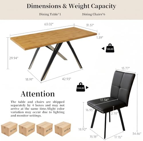 7-Piece Dining Table Set for 6, Oak Table with 6 Black PU Chairs