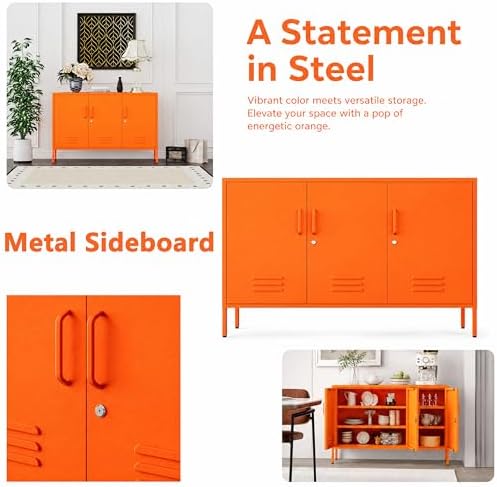 32" Orange 3 Door Lockable Metal Cabinet, Freestanding Multipurpose Heavy Duty Storage Locker with Adjustable Shelves for Home Office Kitchen Living Room Bedroom