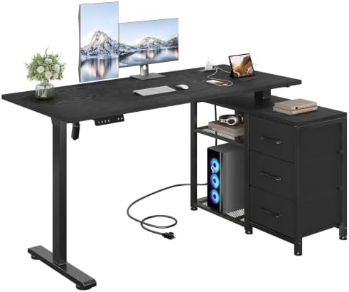 47 Inch L Shaped Desk with 3 Drawers Electric Standing Desks with Storage Computer Table Adjustable Height with Power Outlets 4 Memory Presets for Home Office, Black