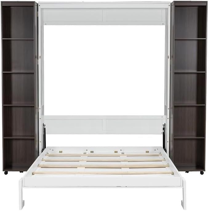 MERITLINE Folding Hidden Queen Murphy Bed Cabinet with Storage Bookcase Bookshelf, Wood Murphy Wall Bed with Storage Shelves Cabinet for Adults (Espresso)