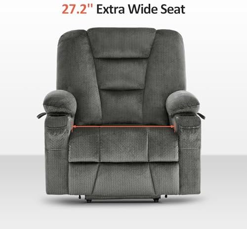 MCombo Oversized Power Lift Recliner Chair Sofa with Massage and Heat for Elderly People Petite, USB Ports, Side Pockets, Fabric R7561 (Grey, Small-Oversize)