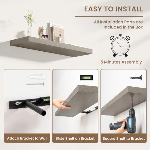 Dreamland 40 Inches Wall Mounted Wood Floating Shelves, Grey, 2 Pack