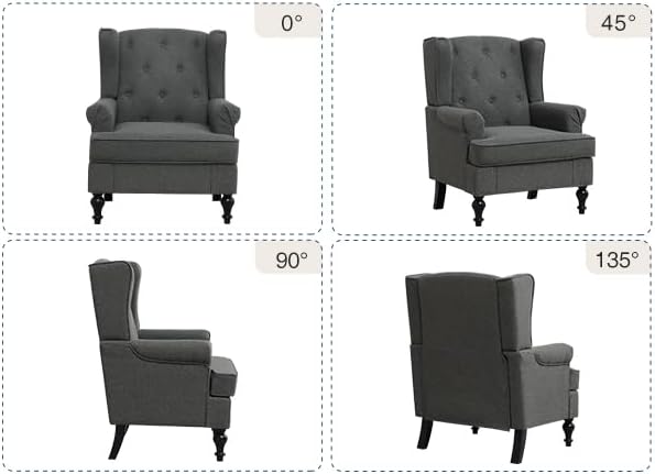Accent Chair Set of 2, Mid Century Modern Fabric Wingback Chair, Upholstered Armchair with High Back and Vintage Legs, Comfy Single Sofa Side Reading Chair for Living Room Bedroom, Dark Grey