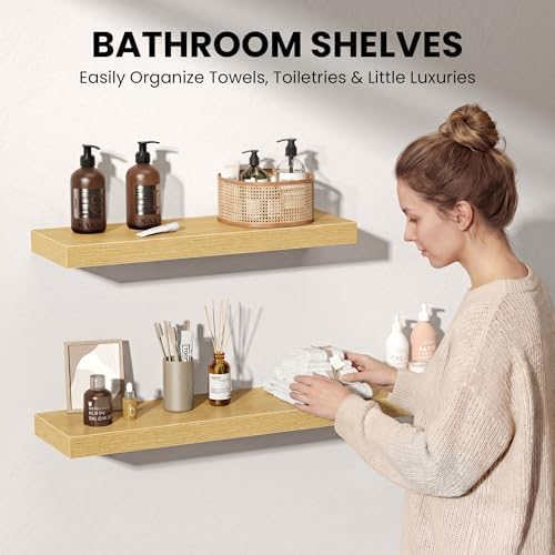 8" Long x 8" Deep Floating Shelves for Wall, Set of 3, 1.5" Thick, Oak