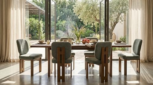 Chenille Dining Chairs Set of 6, Modern Upholstered Side Chairs with Walnut Wooden Frame and Contoured Backrest, Mid-Century Inspired Accent Chairs for Dining Room, Green