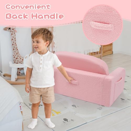 Extra Wide Kids Couch, 2-in-1 Soft Toddler Couch with Blanket, Comfy Toddler Chair, Convertible Sofa with Cute Rainbow Design, Pink