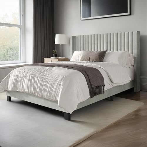 HOME DESIGN Ashland Queen Velvet Upholstered Panel Bed with Wingback Headboard, Vertical Channel Tufting, Adjustable Height, Easy Assembly, Solid Wood Frame, Light Gray