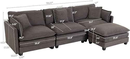Modern 113" L Shaped Sectional Sofa Cloud Couch, Comfy Chenille Modular Sleeper Sofa, Upholstery Sofa with Ottoman & Memory Foam for Living Room, Grey