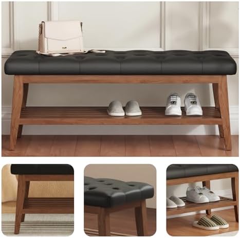 LEILISI Entryway Bench with Storage, Solid Wood Bed Bench (Black, 43.3'')