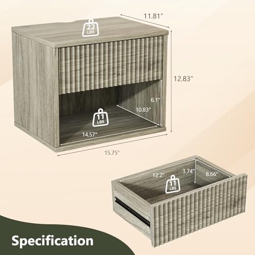 VINGLI Floating Nightstand Gray Fluted Night Stand 1 Drawer Bed Side Table, Storage Nightstand with Drawers, Wood Night Stand End Table for Bedroom, 15.75" W x 11.81" D x 12.83" H