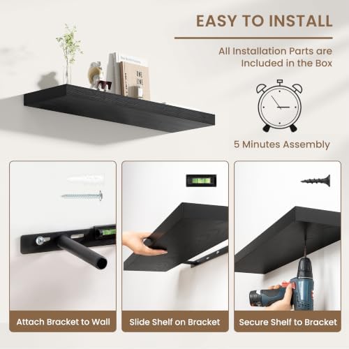 Dreamland 40 Inches Wall Mounted Wood Floating Shelves, Black, 2 Pack