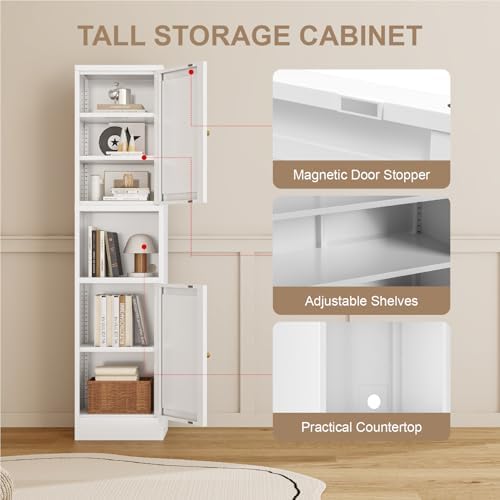 Metal Bathroom Storage Cabinet, 67" Tall Narrow Freestanding Floor Cabinet with Adjustable Shelves and Open Compartment, Slim Metal Locker for Laundry, Kitchen, Dining Room