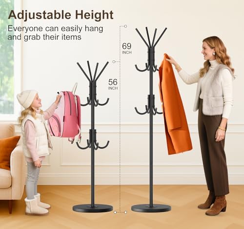 MISSLO Heavy Duty Coat Rack Freestanding with Stable Wood Base Modern Coat Tree with 12 Hooks Adjustable Coats Hanger Stand Stylish Standing Clothes Tree for Entryway Bedroom Corner Hall (Black)