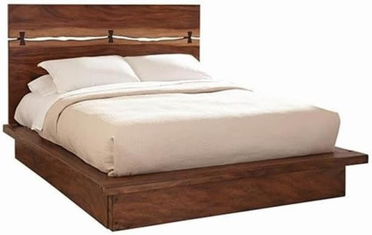 MAKLAINE Modern 5-Piece Wood Queen Bedroom Set, Smokey Walnut Finish, Includes Platform Bed, Nightstand, Dresser, Mirror, Chest, Mahogany Wood with Trembesi and Walnut Veneer, Felt-Lined Drawers, USB