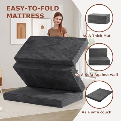 6-Inch Tri-Fold Foldable Mattress, Folding Sofa Bed with Removable Washable Cover, Futon Mattress Full Size Floor Guest Mat with Non-Slip Bottom Carry Handles for Camping (Gray, Single)