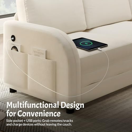 HANXIN 85.1" L-Shaped Sofa Couch with Pull Out Bed, Oversize Convertible Sectional Sleeper Sofa with Side Pocket & USB Port, 5 Seat Sherpa Fleece Upholstered Couches for Living Room(Beige)