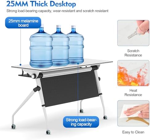 Folding Conference Table, Conference Room Tables with Wheels Foldable Large Rectangle Meeting Seminar Table for 6-12 People, Flip Top Mobile Training Table for Office Classr (2, White+Gray, 55.1in)