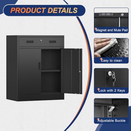 CMY Metal Storage Cabinet, Locking Storage Cabinet with 1 Drawer and Adjustable Shelf, 36" H x 28" W x 16" D Metal Cabinets with Doors for Office, Garage, Home-Black