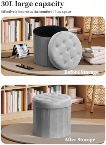 Bsketa Round Storage Ottoman, 14" Folding Velvet Foot Stool Rest,Grey
