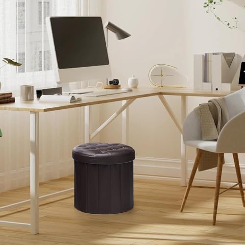 Bsketa Round Storage Ottoman, 14" Folding Leather Foot Rest, Brown 2 Pack