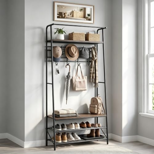 IDEALHOUSE Hall Tree with Bench and Shoe Storage, 4-in-1 Entryway Organizer
