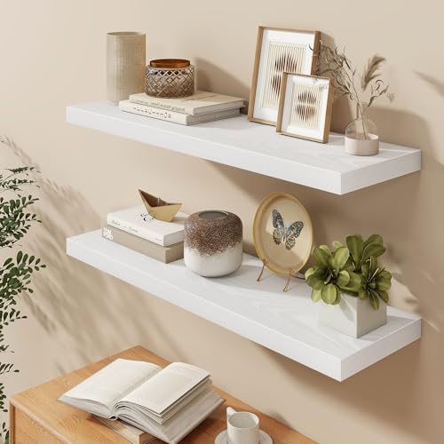 40" W x 9.3" D White Floating Shelves for Wall, Deep Long Floating Shelf for Home Bathroom, Bedroom, Living Room, Rustic Wood Wall Mounted Shelves for Books Decor