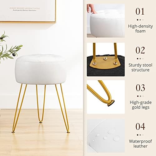 LUE BONA Faux Leather Vanity Stool Chair for Makeup Room, 19” Height, Tufted Vanity Chair with Metal Legs, Modern Foot Stool Ottoman for Bedroom, Living Room